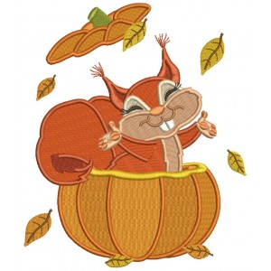 Happy Squirrel Inside a Pumpkin Filled Machine Embroidery Design Digitized Pattern